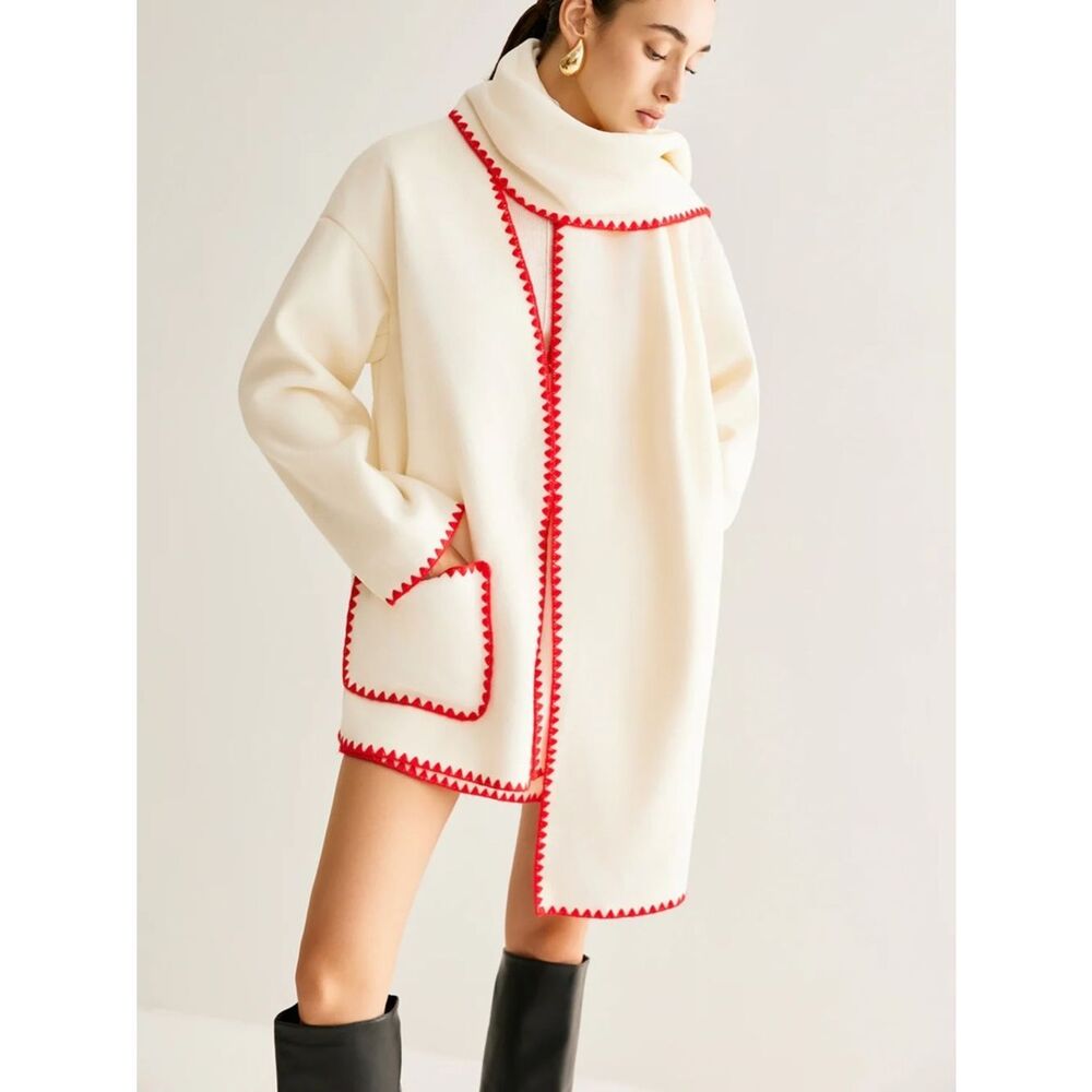 Commense Embroidered Trim Tweed Coat Matching Scarf Two Piece SZ S NEW